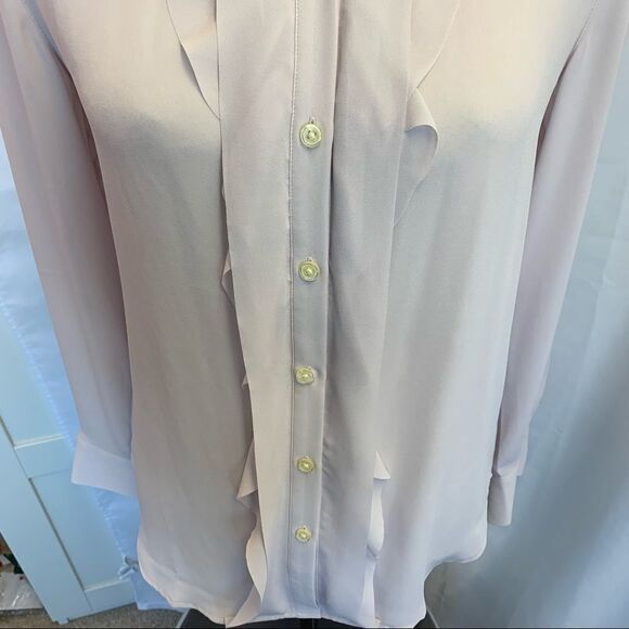Loft pale mauve purple Front ruffle Frill button front Blouse Size L - Picture 6 of 10